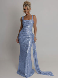 Elegant Square Neck Sequin Ruched Long Prom Dresses with Trail