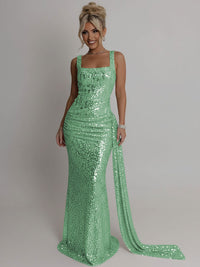 Elegant Square Neck Sequin Ruched Long Prom Dresses with Trail