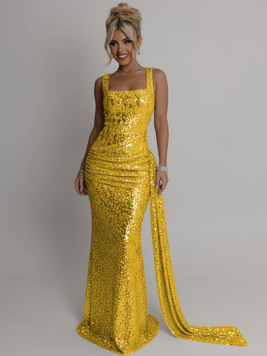 Elegant Square Neck Sequin Ruched Long Prom Dresses with Trail