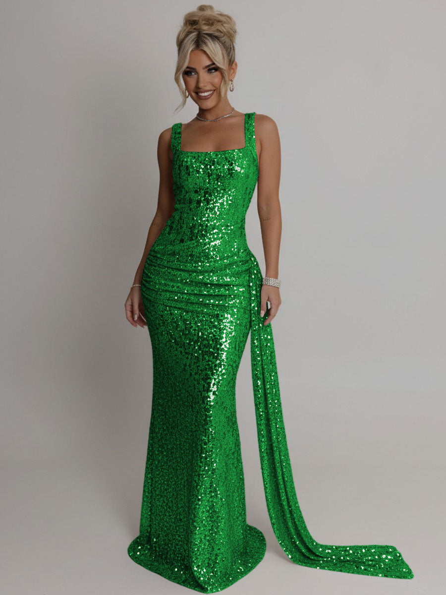 Elegant Square Neck Sequin Ruched Long Prom Dresses with Trail