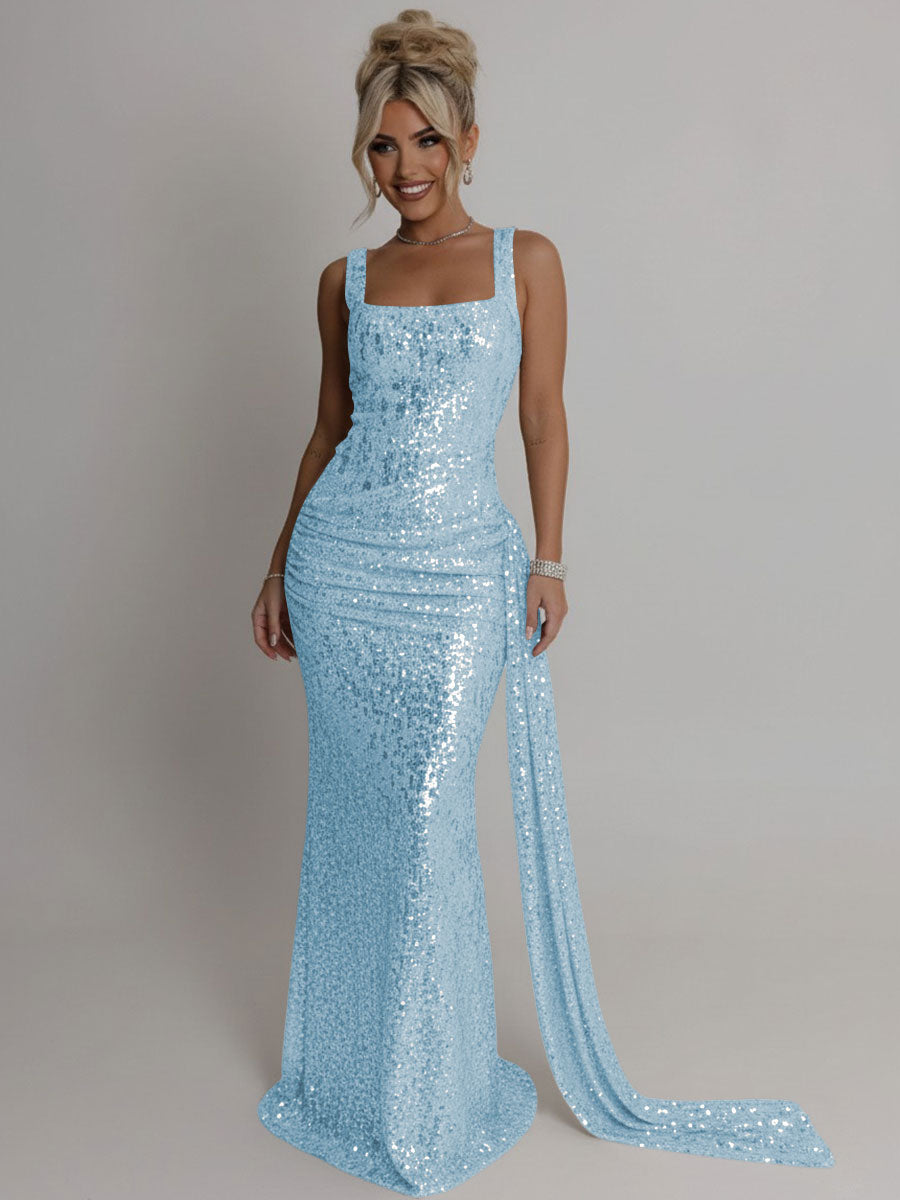 Elegant Square Neck Sequin Ruched Long Prom Dresses with Trail