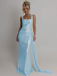 Elegant Square Neck Sequin Ruched Long Prom Dresses with Trail
