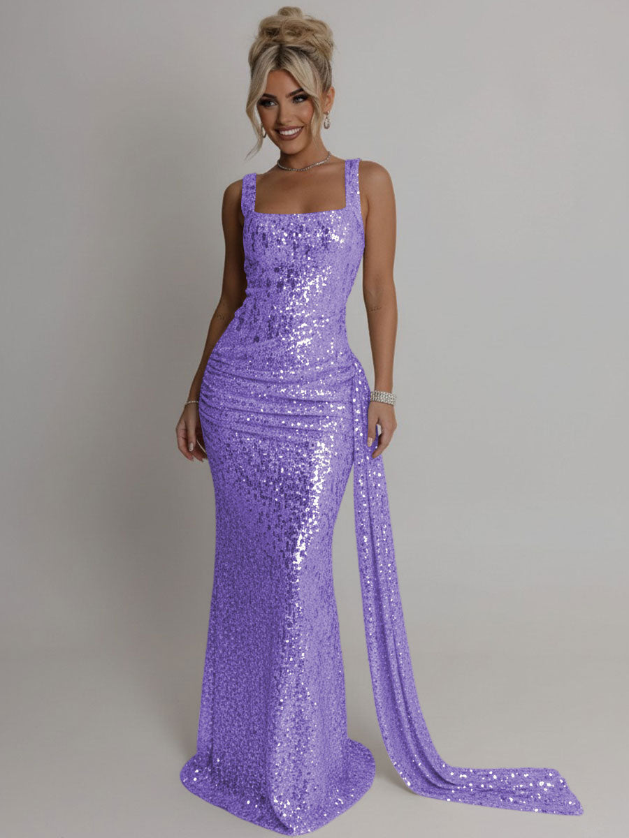 Elegant Square Neck Sequin Ruched Long Prom Dresses with Trail