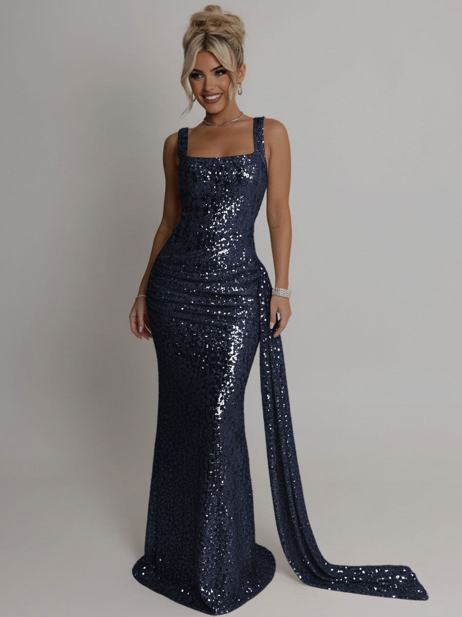 Elegant Square Neck Sequin Ruched Long Prom Dresses with Trail