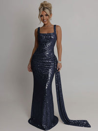 Elegant Square Neck Sequin Ruched Long Prom Dresses with Trail