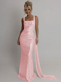 Elegant Square Neck Sequin Ruched Long Prom Dresses with Trail