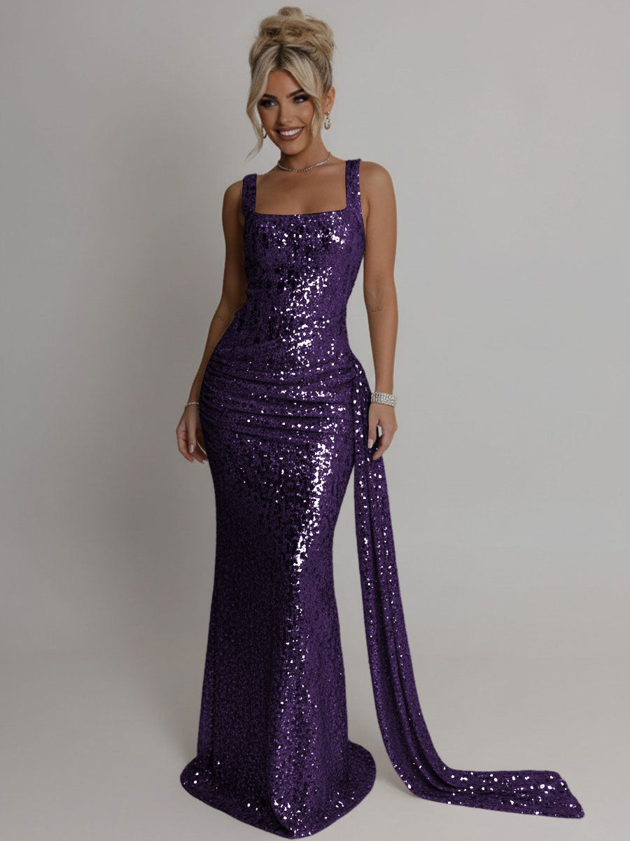 Elegant Square Neck Sequin Ruched Long Prom Dresses with Trail