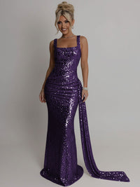 Elegant Square Neck Sequin Ruched Long Prom Dresses with Trail