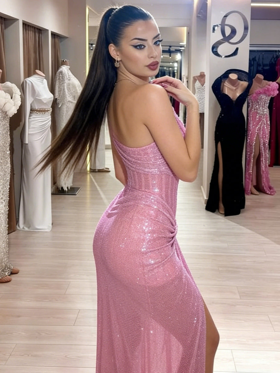 Sparkly Sweetheart Ruched Sheath Long Formal Dresses