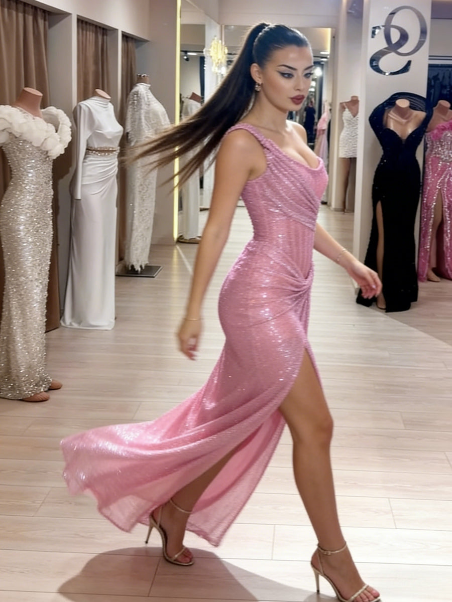 Sparkly One Shoulder Ruched Sheath Long Prom Dresses