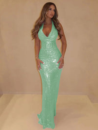 Mermaid Halter Cowl Neck Sequin Long Prom Dresses with Sequin