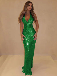Mermaid Halter Cowl Neck Sequin Long Prom Dresses with Sequin