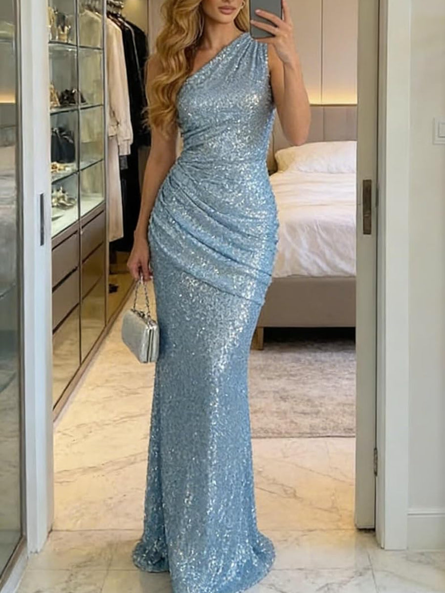 Sequin Mermaid One Shoulder Ruched Floor-Length Evening Dresses