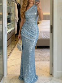 Sequin Mermaid One Shoulder Ruched Floor-Length Evening Dresses