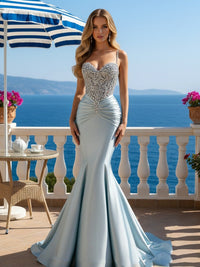 Mermaid Spaghetti Strap Sweetheart Floor-Length Prom Dresses with Lace Appliques
