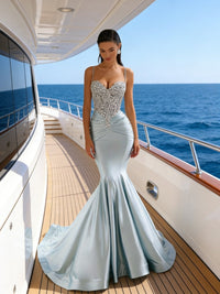 Mermaid Spaghetti Strap Sweetheart Floor-Length Prom Dresses with Lace Appliques