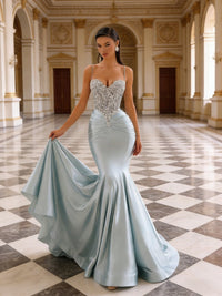 Mermaid Spaghetti Strap Sweetheart Floor-Length Prom Dresses with Lace Appliques