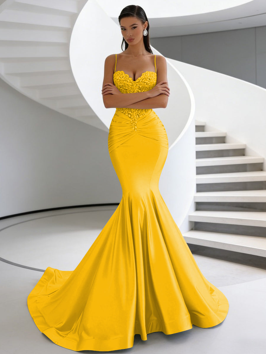 Mermaid Spaghetti Strap Sweetheart Floor-Length Prom Dresses with Lace Appliques