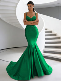 Mermaid Spaghetti Strap Sweetheart Floor-Length Prom Dresses with Lace Appliques