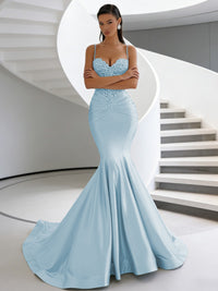 Mermaid Spaghetti Strap Sweetheart Floor-Length Prom Dresses with Lace Appliques