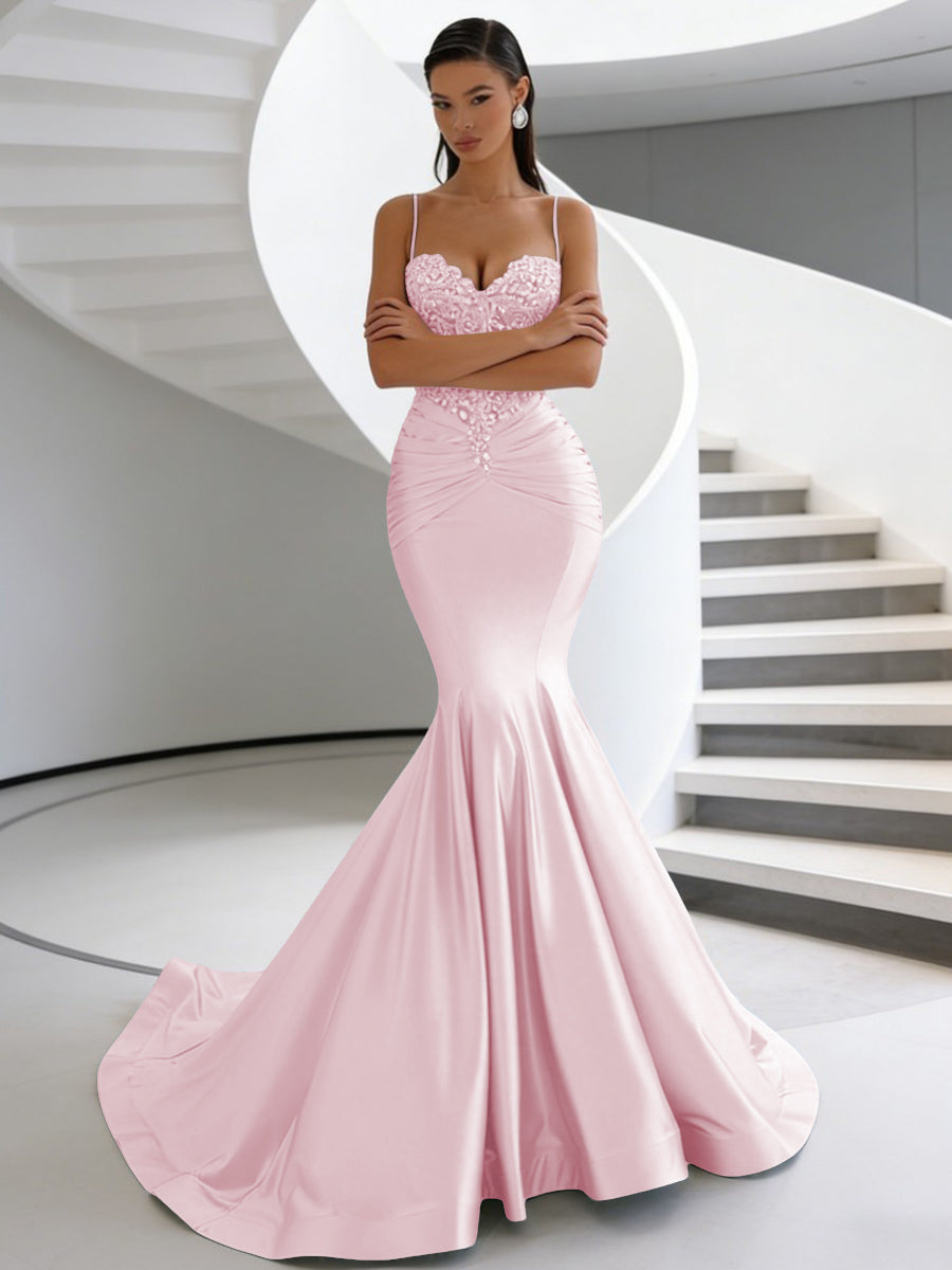 Mermaid Spaghetti Strap Sweetheart Floor-Length Prom Dresses with Lace Appliques