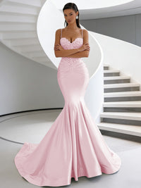Mermaid Spaghetti Strap Sweetheart Floor-Length Prom Dresses with Lace Appliques