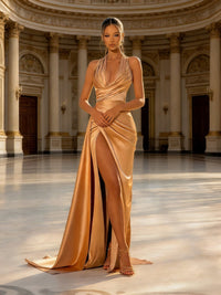 Sheath Halter Ruched Satin Maxi Prom Dress with Train