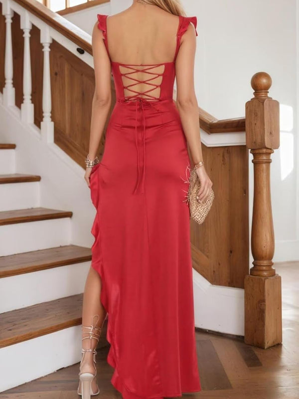 Sheath Ruffle Strap Sweetheart Satin Maxi Prom Dress