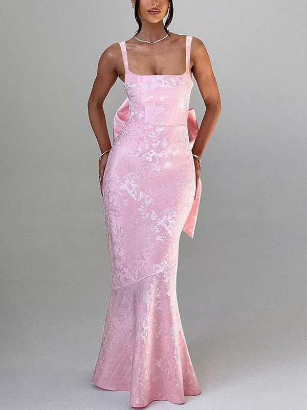 Mermaid Spaghetti Strap Jacquard Long Prom Dresses with Bow