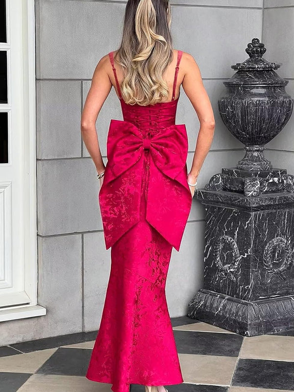 Mermaid Spaghetti Strap Jacquard Long Prom Dresses with Bow