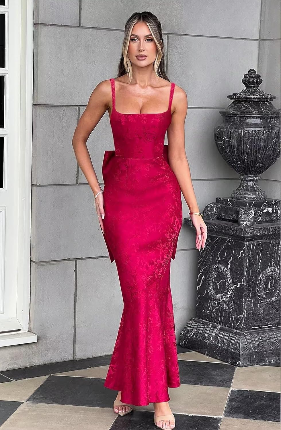 Mermaid Spaghetti Strap Jacquard Long Prom Dresses with Bow