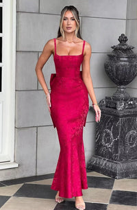 Mermaid Spaghetti Strap Jacquard Long Prom Dresses with Bow