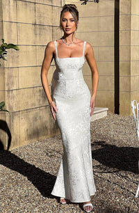 Mermaid Spaghetti Strap Jacquard Long Prom Dresses with Bow