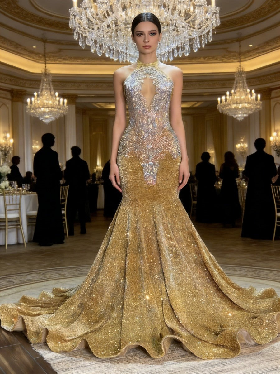 Mermaid Halter Sparkly Sequin Floor-Length Evening Dresses with Lace Appliques