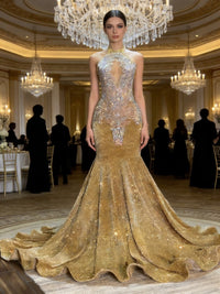 Mermaid Halter Sparkly Sequin Floor-Length Evening Dresses with Lace Appliques