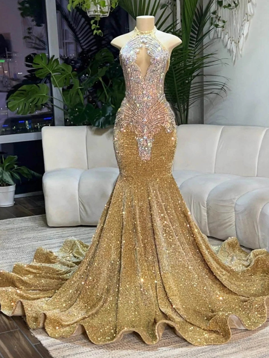 Mermaid Halter Sparkly Sequin Floor-Length Evening Dresses with Lace Appliques