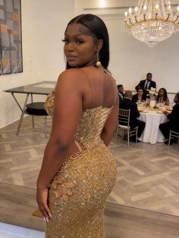 Mermaid Sparkly Sequin Floor-Length Prom Dresses with 3D Flower Appliques