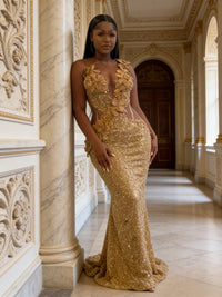 Mermaid Sparkly Sequin Floor-Length Prom Dresses with 3D Flower Appliques