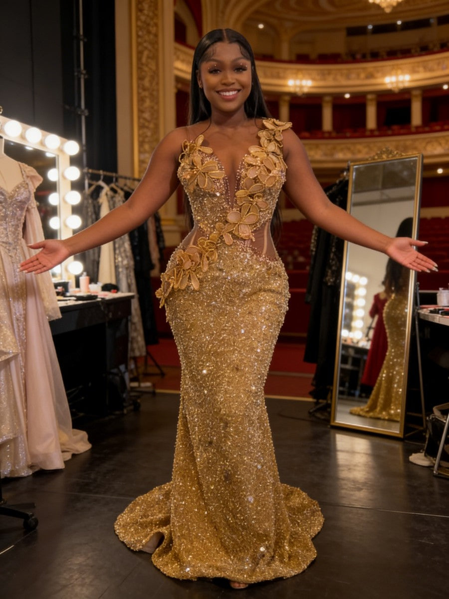 Mermaid Sparkly Sequin Floor-Length Prom Dresses with 3D Flower Appliques
