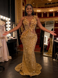 Mermaid Sparkly Sequin Floor-Length Prom Dresses with 3D Flower Appliques