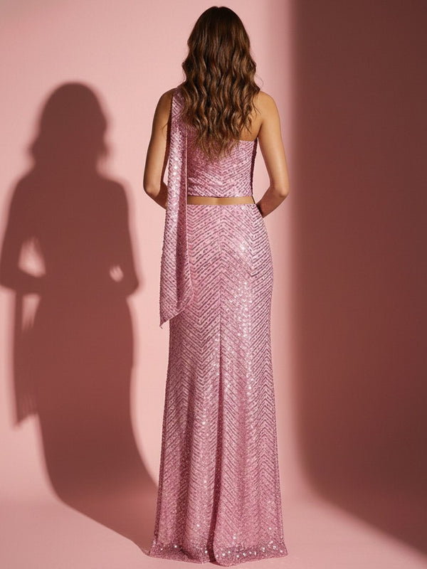 2 Piece Sequin Mermaid One Shoulder Floor-Length Prom Dresses with Scarf