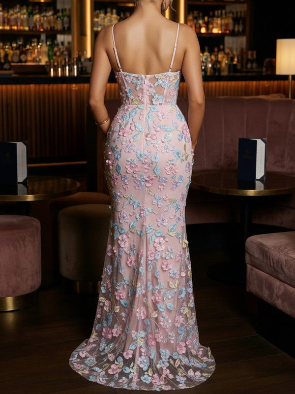 Sheath Spaghetti Strap Floor-Length Prom Dresses with 3D Flower