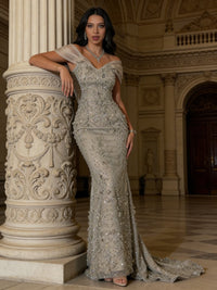 Mermaid Off-Shoulder V-Neck Floor-Length Evening Dresses with Lace Applique