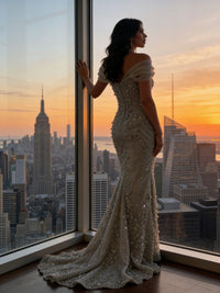 Mermaid Off-Shoulder V-Neck Floor-Length Evening Dresses with Lace Applique