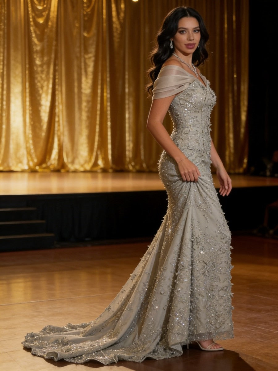Mermaid Off-Shoulder V-Neck Floor-Length Evening Dresses with Lace Applique