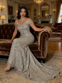 Mermaid Off-Shoulder V-Neck Floor-Length Evening Dresses with Lace Applique