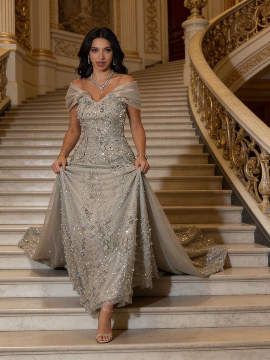 Mermaid Off-Shoulder V-Neck Floor-Length Evening Dresses with Lace Applique