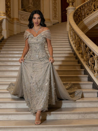 Mermaid Off-Shoulder V-Neck Floor-Length Evening Dresses with Lace Applique