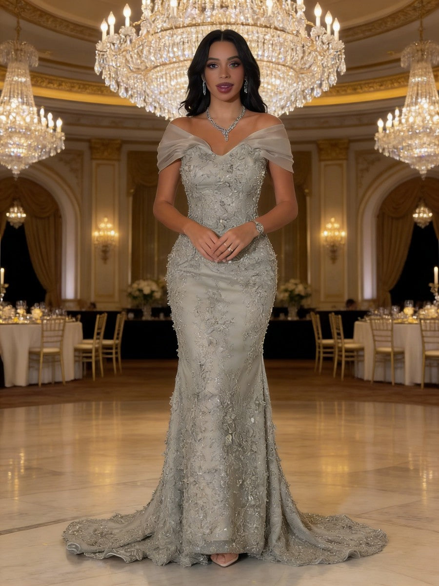 Mermaid Off-Shoulder V-Neck Floor-Length Evening Dresses with Lace Applique