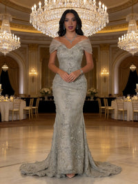 Mermaid Off-Shoulder V-Neck Floor-Length Evening Dresses with Lace Applique